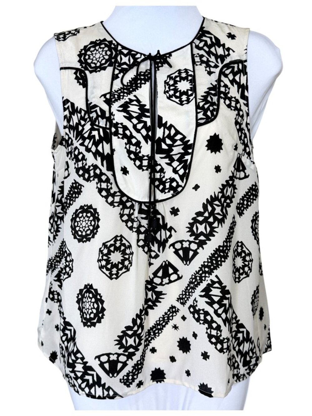 by Anthropologie Giuliana Sleeveless Black Ivory Geometrics Silk Blouse 0 NWT